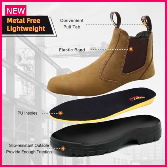 Men\'s Leather Slip-On Chelsea Work Boots with Slip Resistant Sole main image 7